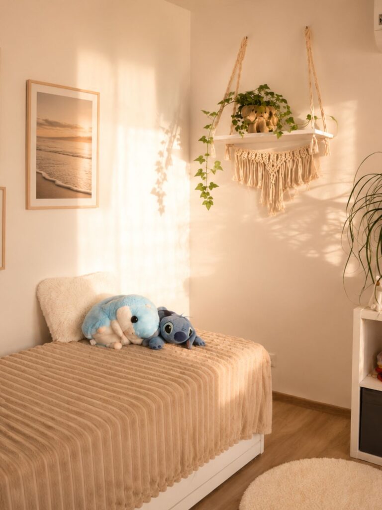 Ręcznie pleciona makrama boho z drewnianą półką i rośliną w ciepłej aranżacji wnętrza.